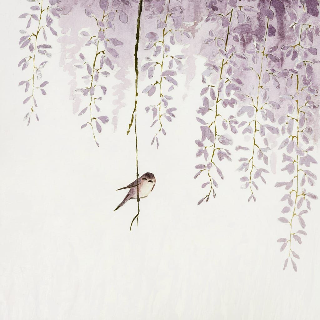Minimalist Japanese Woodblock Print of Bird on Wisteria