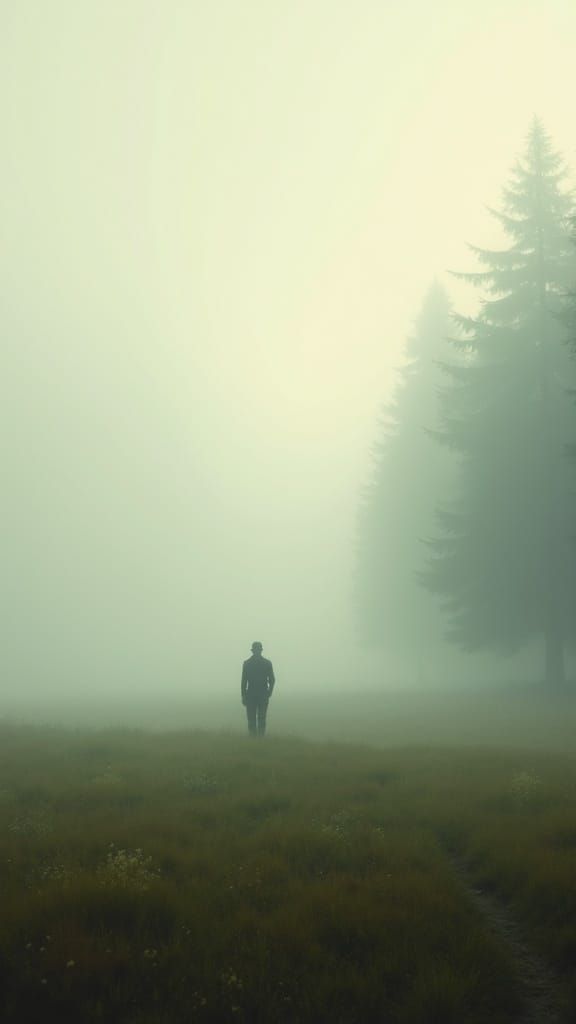 Lone Man in Misty Meadow at Dawn Landscape