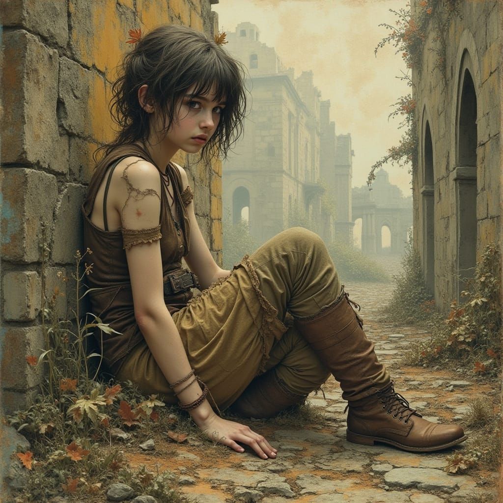 Girl in Ruins with Zentangle Patterns