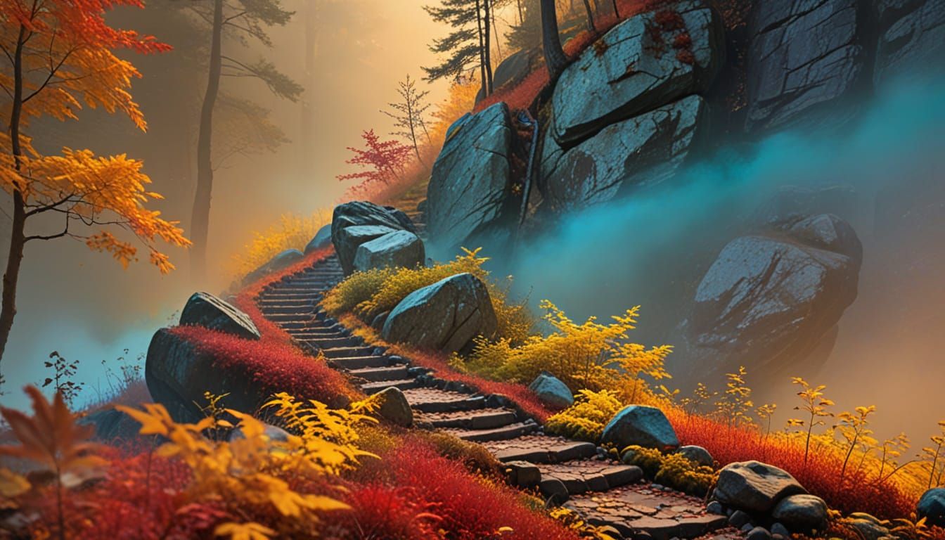 Autumn Forest Path with Vivid Colored Mist