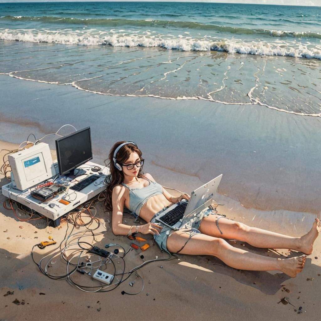 Vaporwave Beach: Girl Working on PC in the Sun