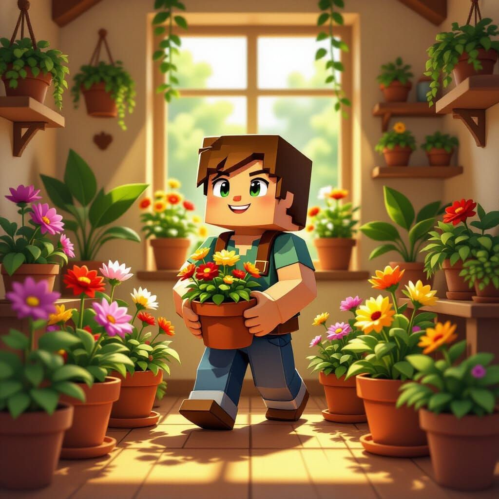 Minecraft Character in Cozy, Warmly Lit Interior