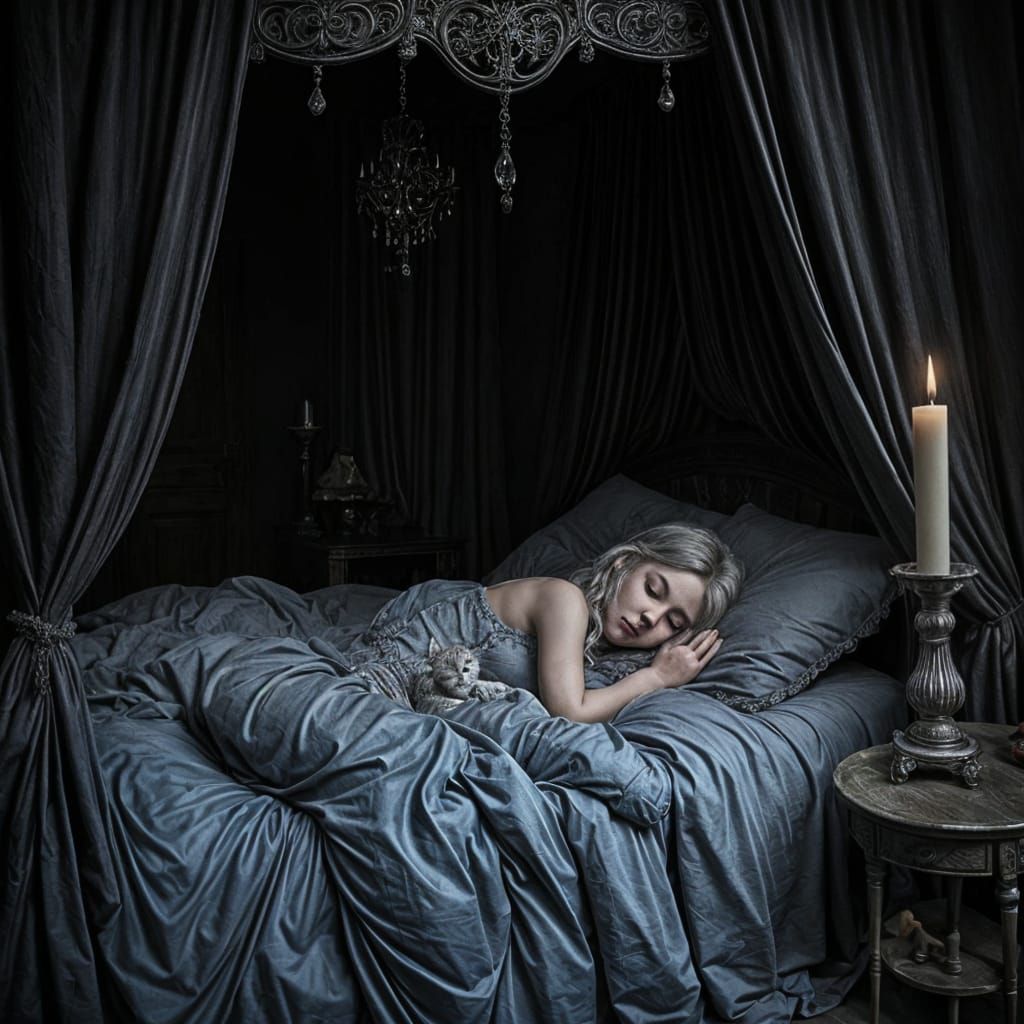 Gothic Girl and Silver Cat in a Dark, Dreamlike Scene