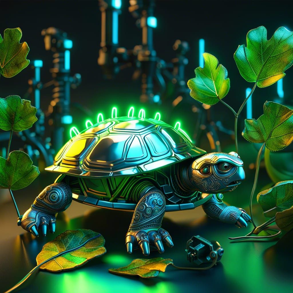 Cyberpunk Android Turtle Chewing a Leaf