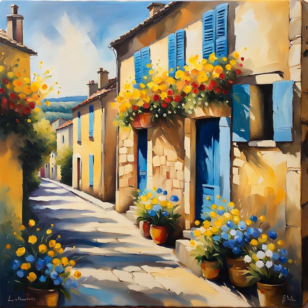 Encaustic Painting of Village in Provence with Impasto