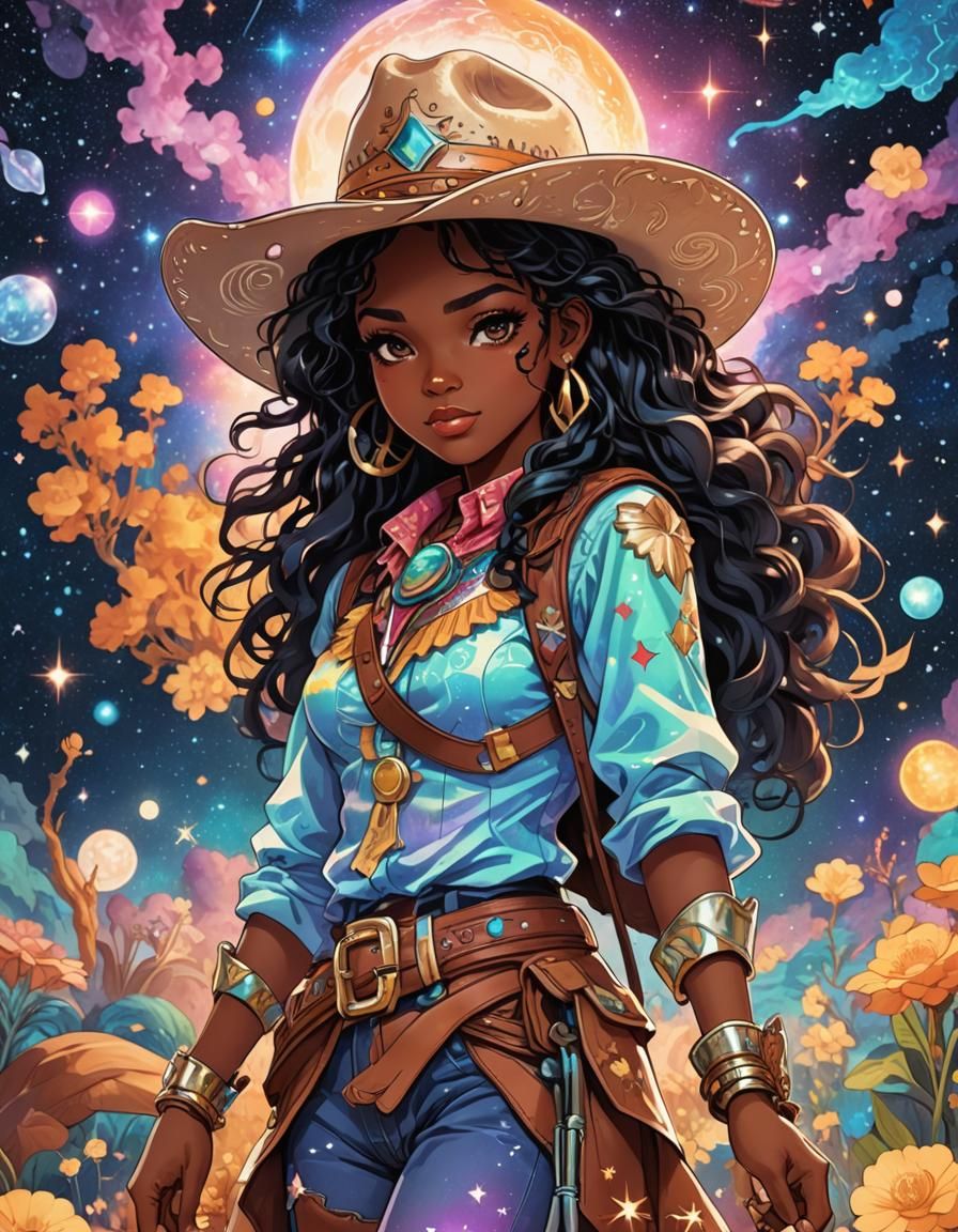Cute Kawaii African American Cowgirl in Anime Style