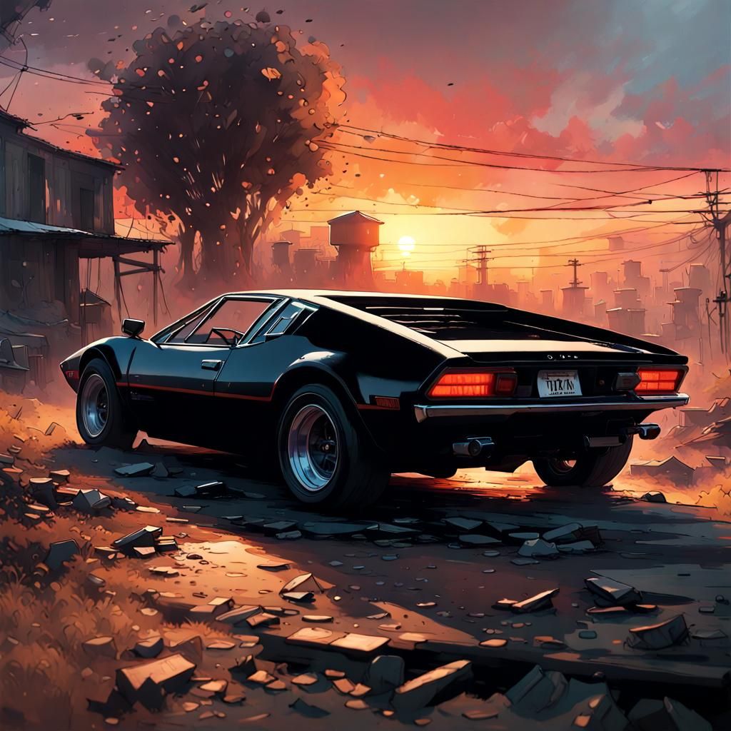 Damaged 1971 De Tomaso Pantera at Sunset
