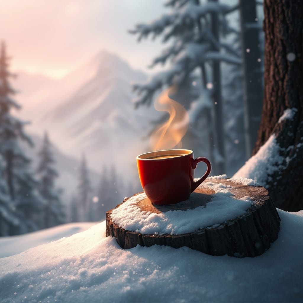 Steaming Coffee on a Snowy Mountain Stump