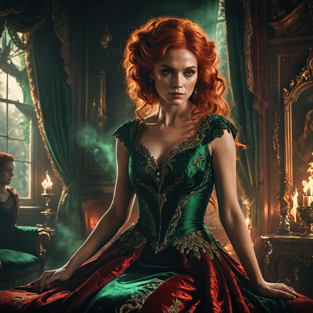Woman with Fiery Hair in Emerald Bedroom: Matte Painting