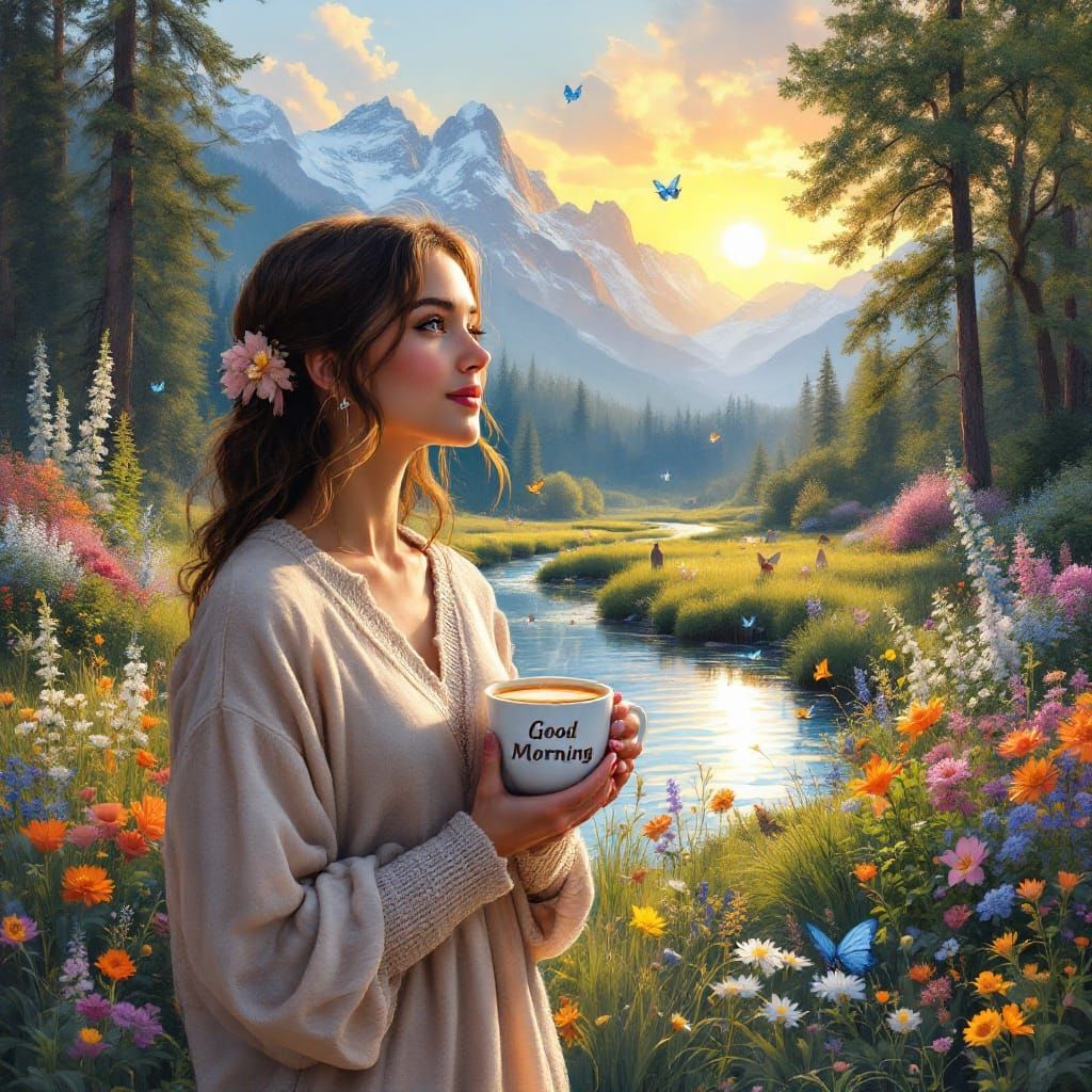 Sunrise Meadow Coffee: An Idyllic Landscape Painting