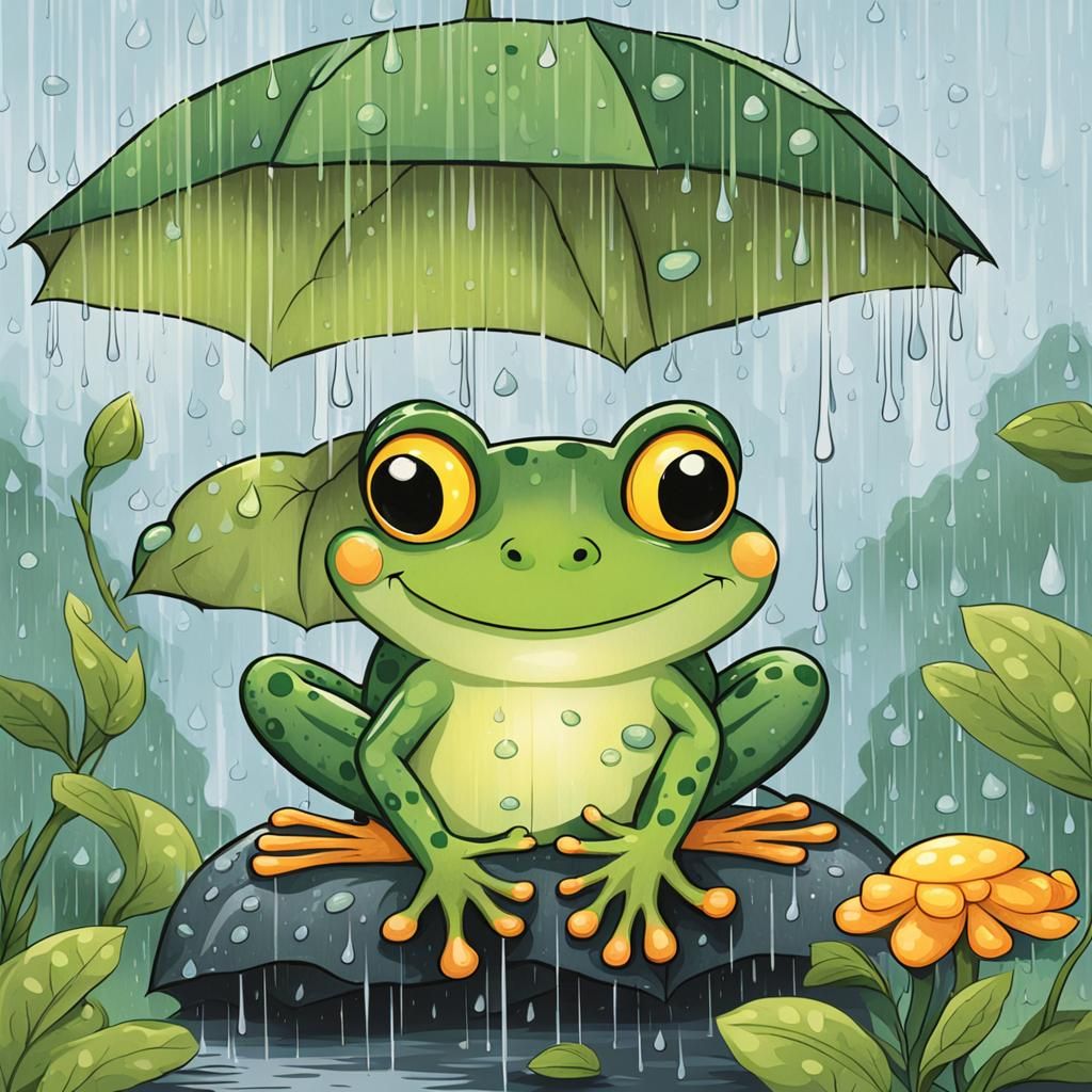 Frog Sheltering from Rain in Storybook Illustration