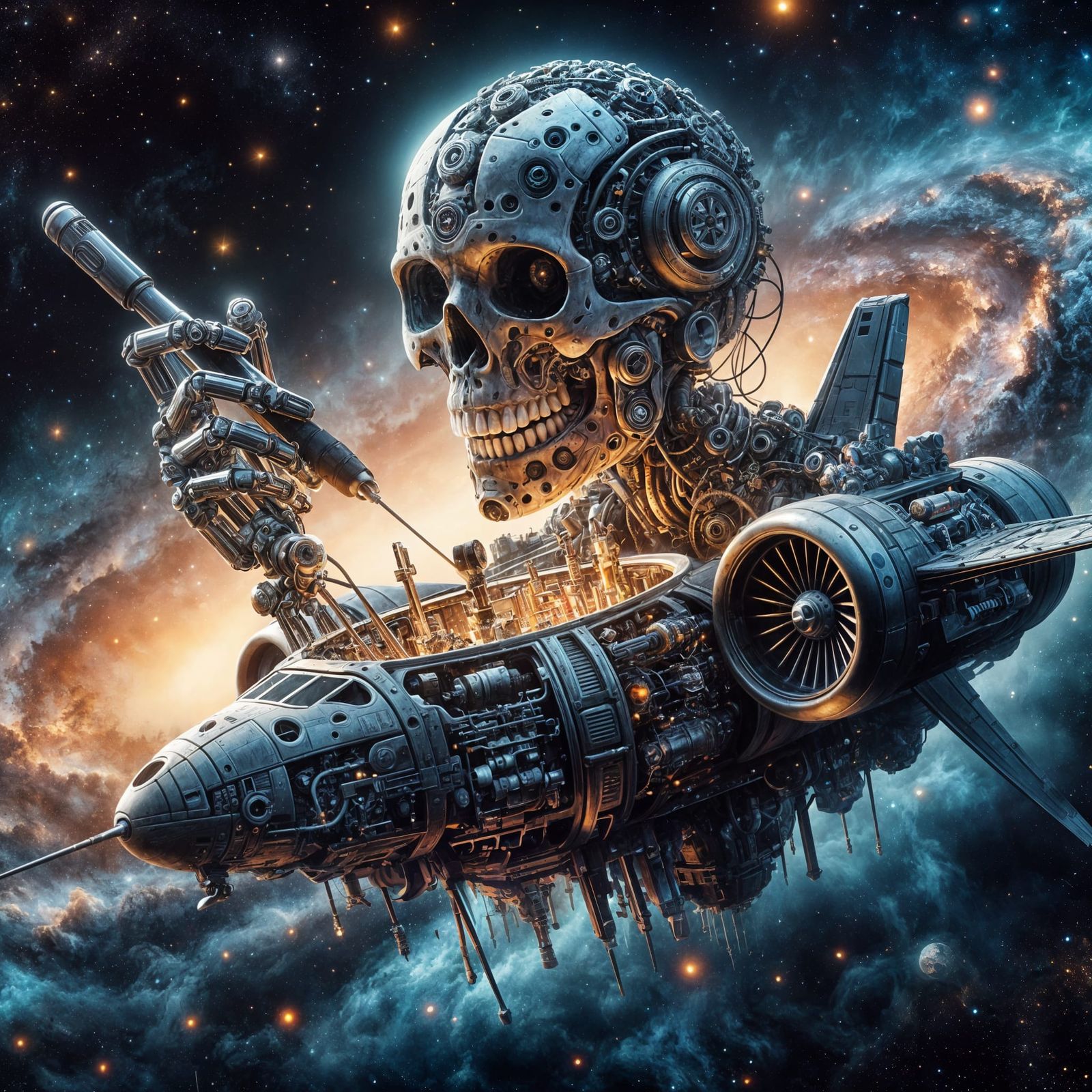 Mechanical Skull Repairs Futuristic Spaceship in Outer Space