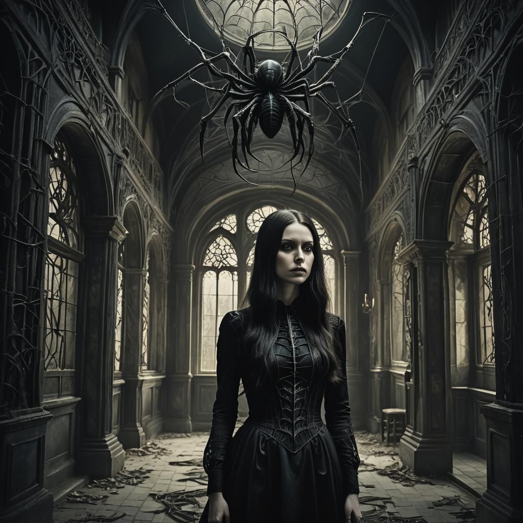 Eerie Woman in Gothic Mansion, Dark Surrealism