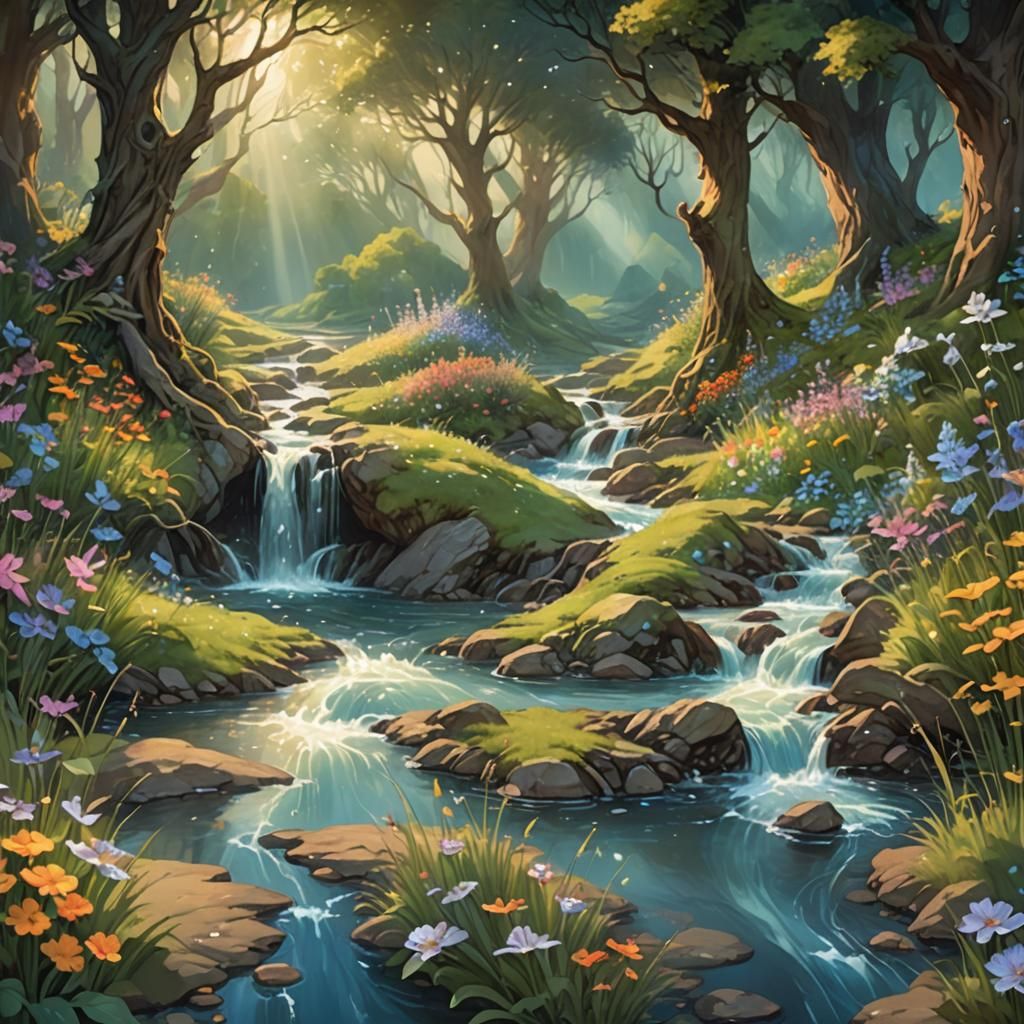 Fantasy Stream Through Meadow in Froud Style