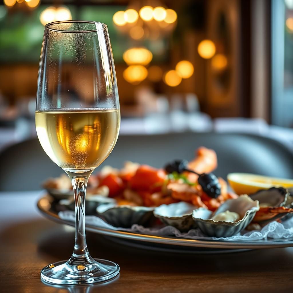 Cozy Restaurant Table with Wine and Seafood