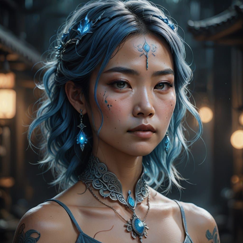 Surreal Asian Goddess with Ethereal Flame and Intricate Tatt...