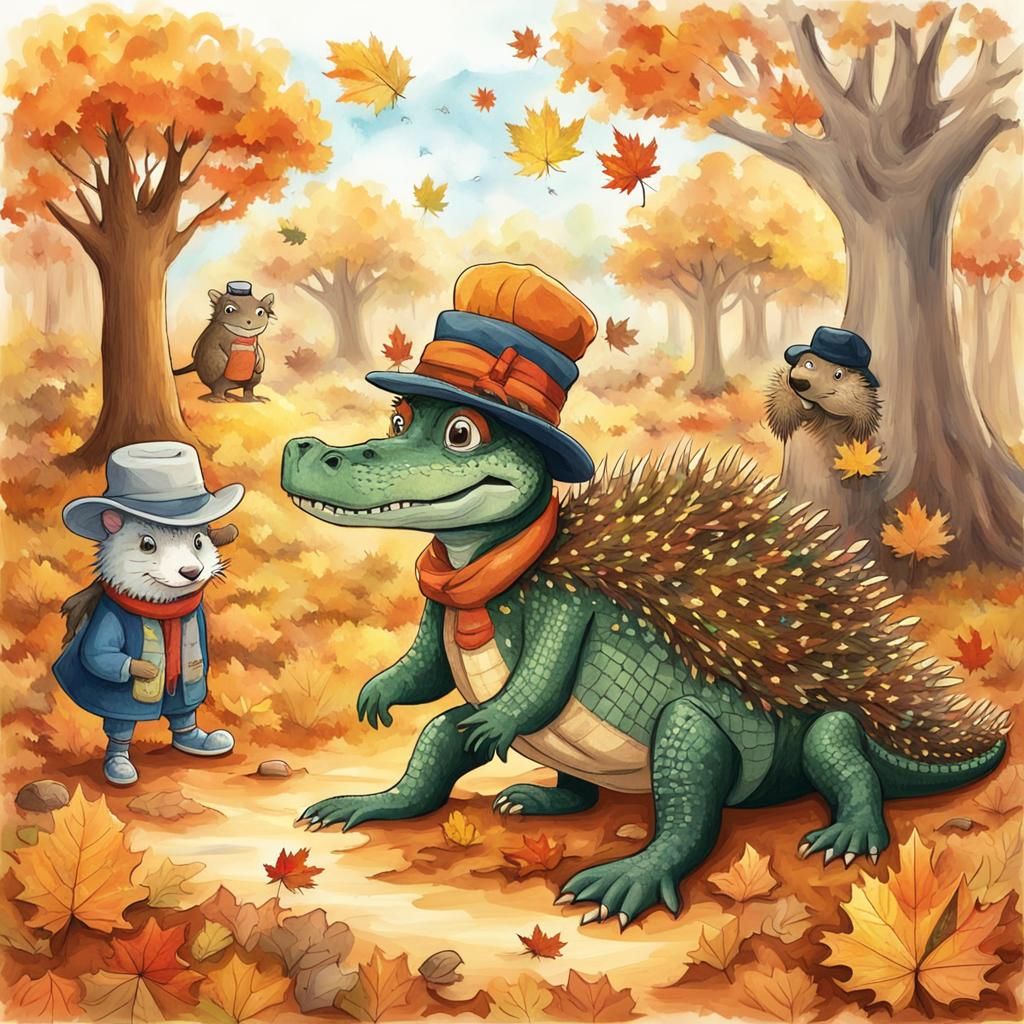 Autumn Scene with Alligator, Porcupine, and Forest Animals