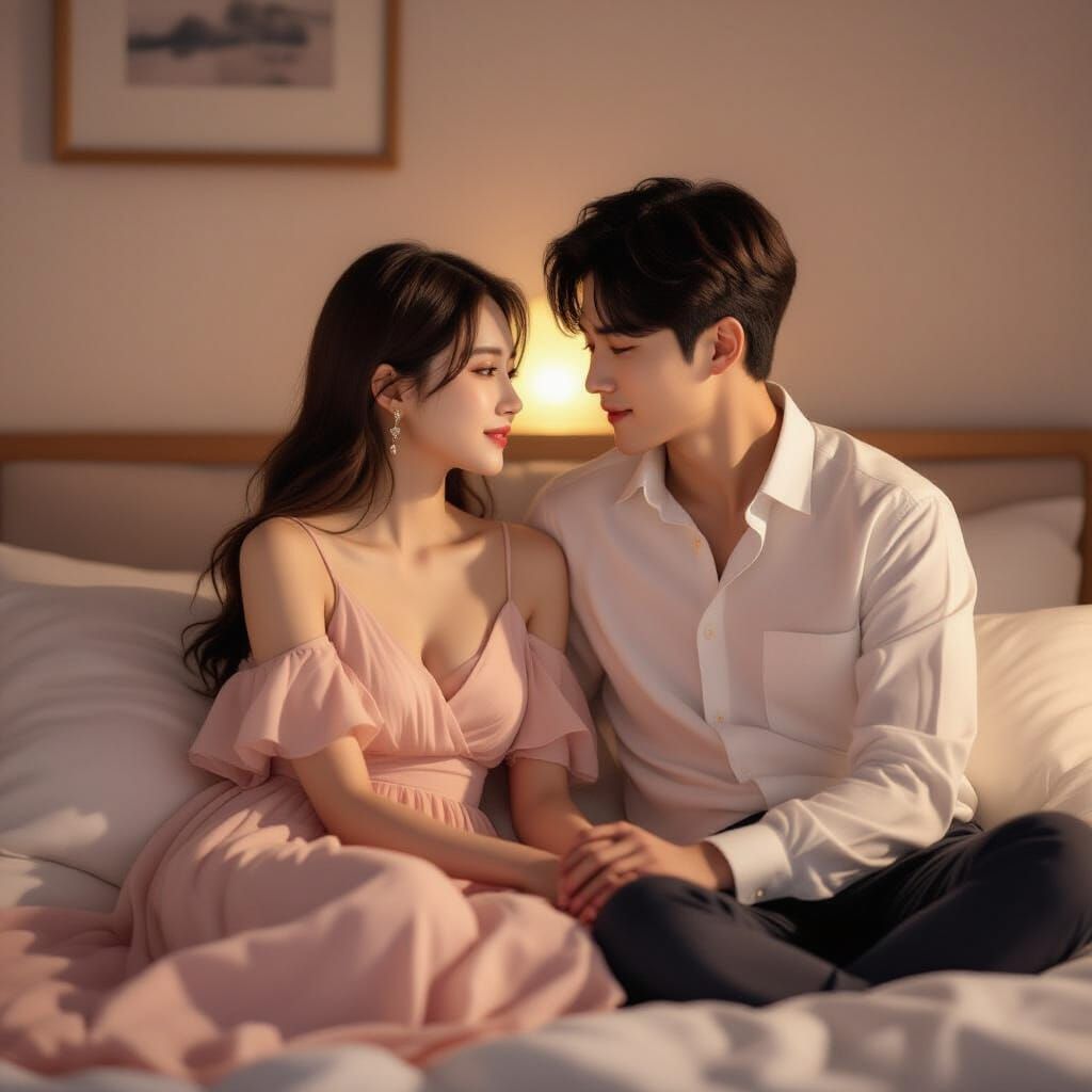 Romantic Korean Couple in Softly Lit Bedroom
