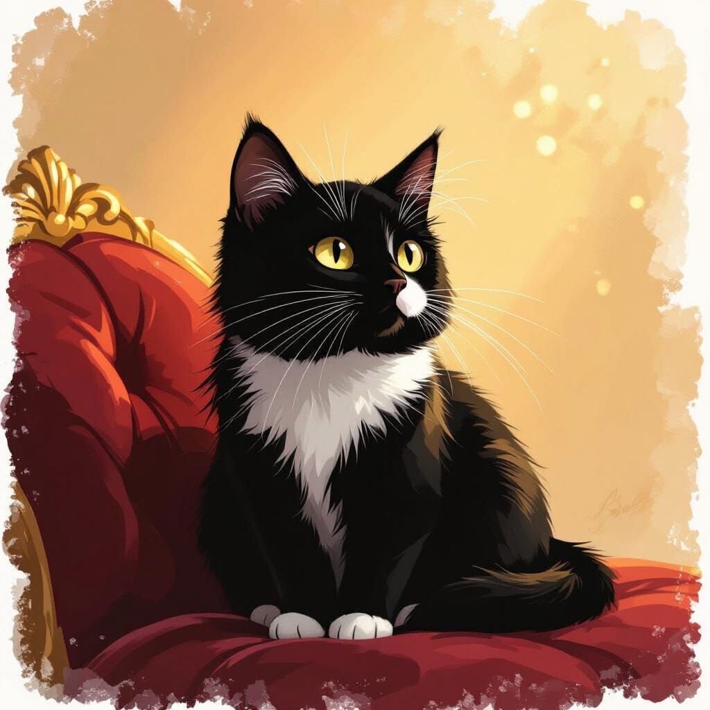 Black Cat with White Nose on Velvet Cushion in Golden Light