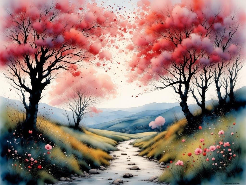 Blossoming Cherry Avenue at Dusk, in Dreamlike Watercolor St...