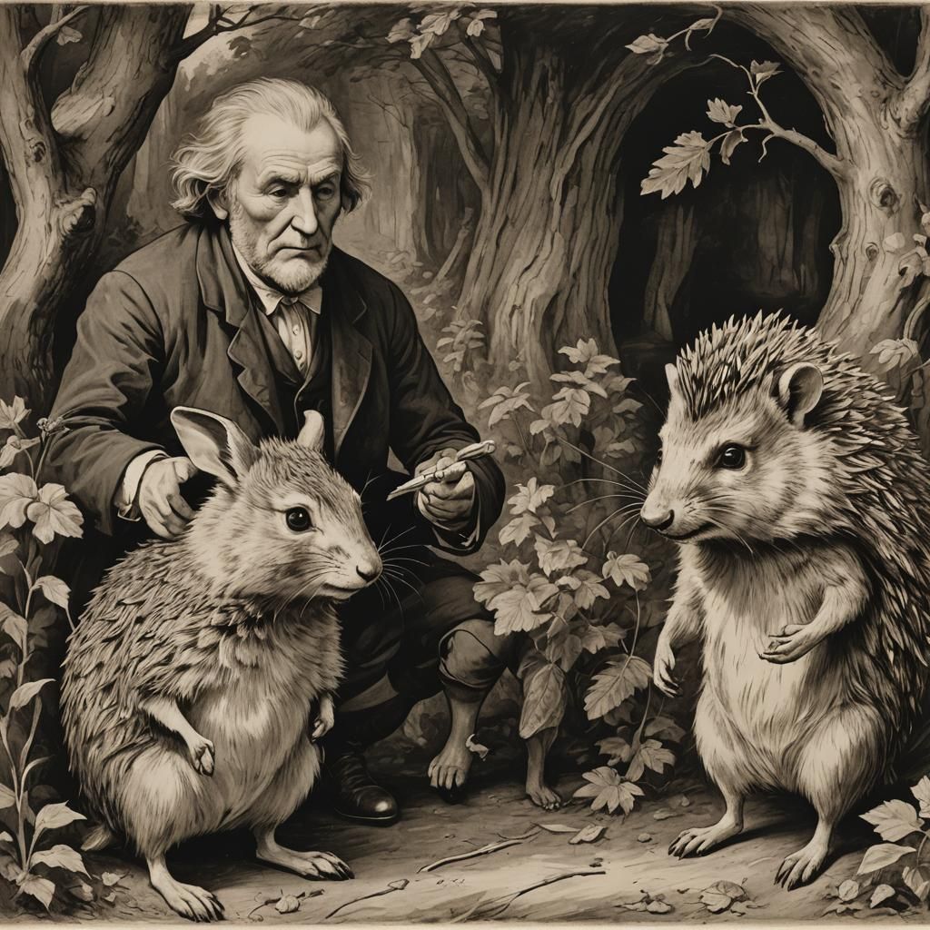 Rabbit and Hedgehog Portrait in Classic Style
