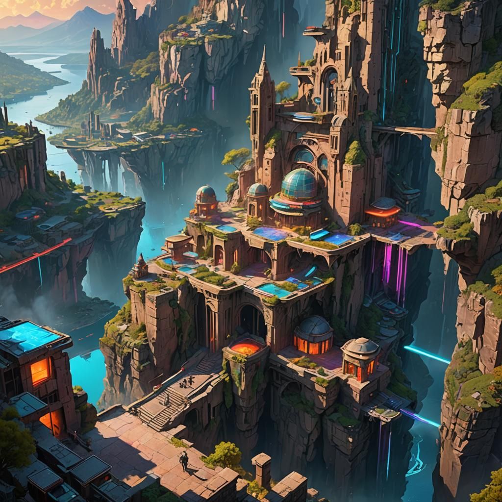 Futuristic Metropolis Amidst Ancient Ruins, Anime Style