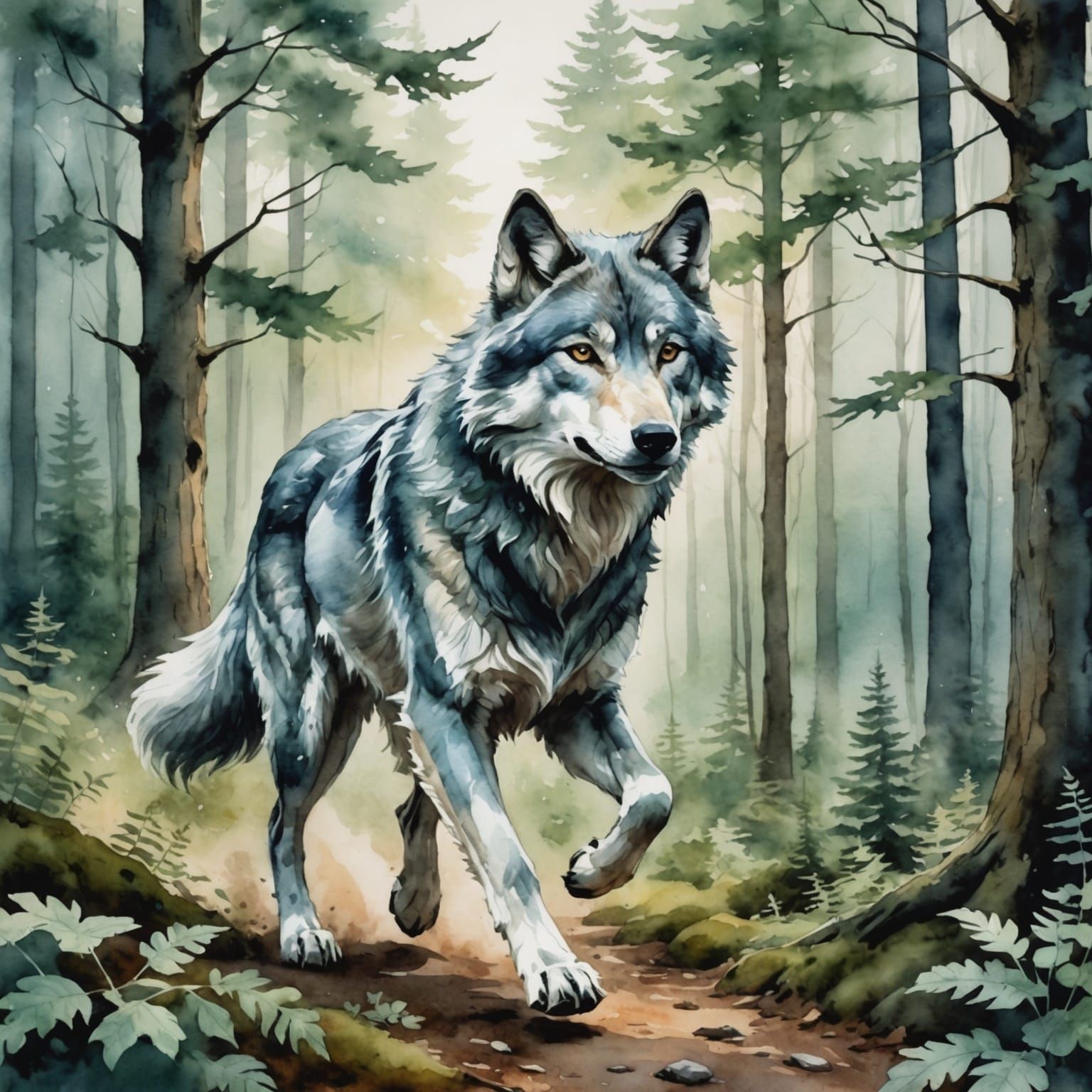 Silver Wolf in Fantasy Forest, Watercolor Style