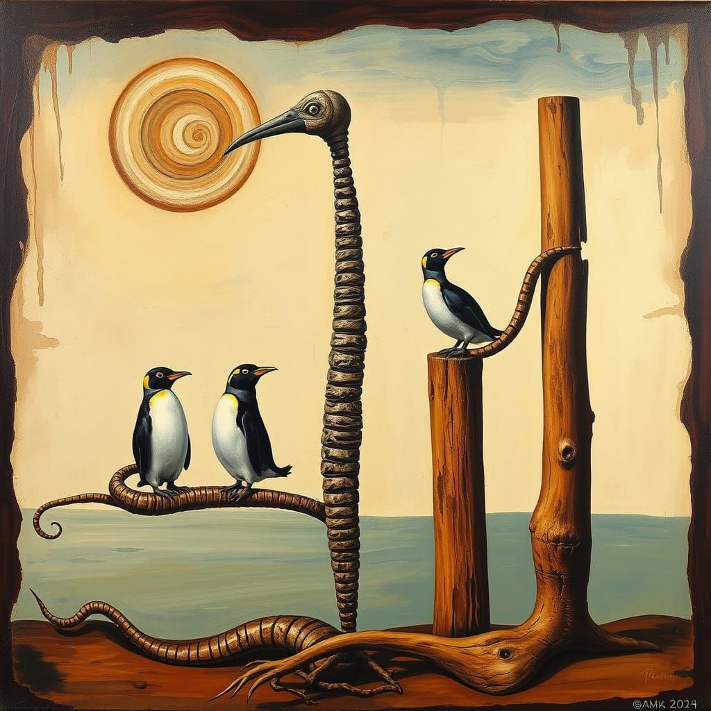 Surreal Figure With Melting Background and Penguin Inclusion...