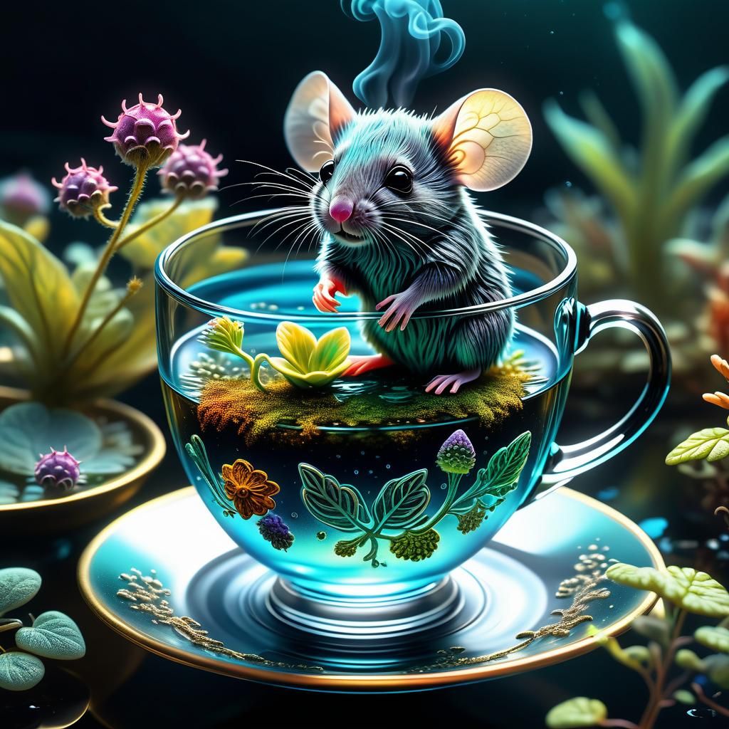 Mouse in Teacup with Bioluminescent Plants