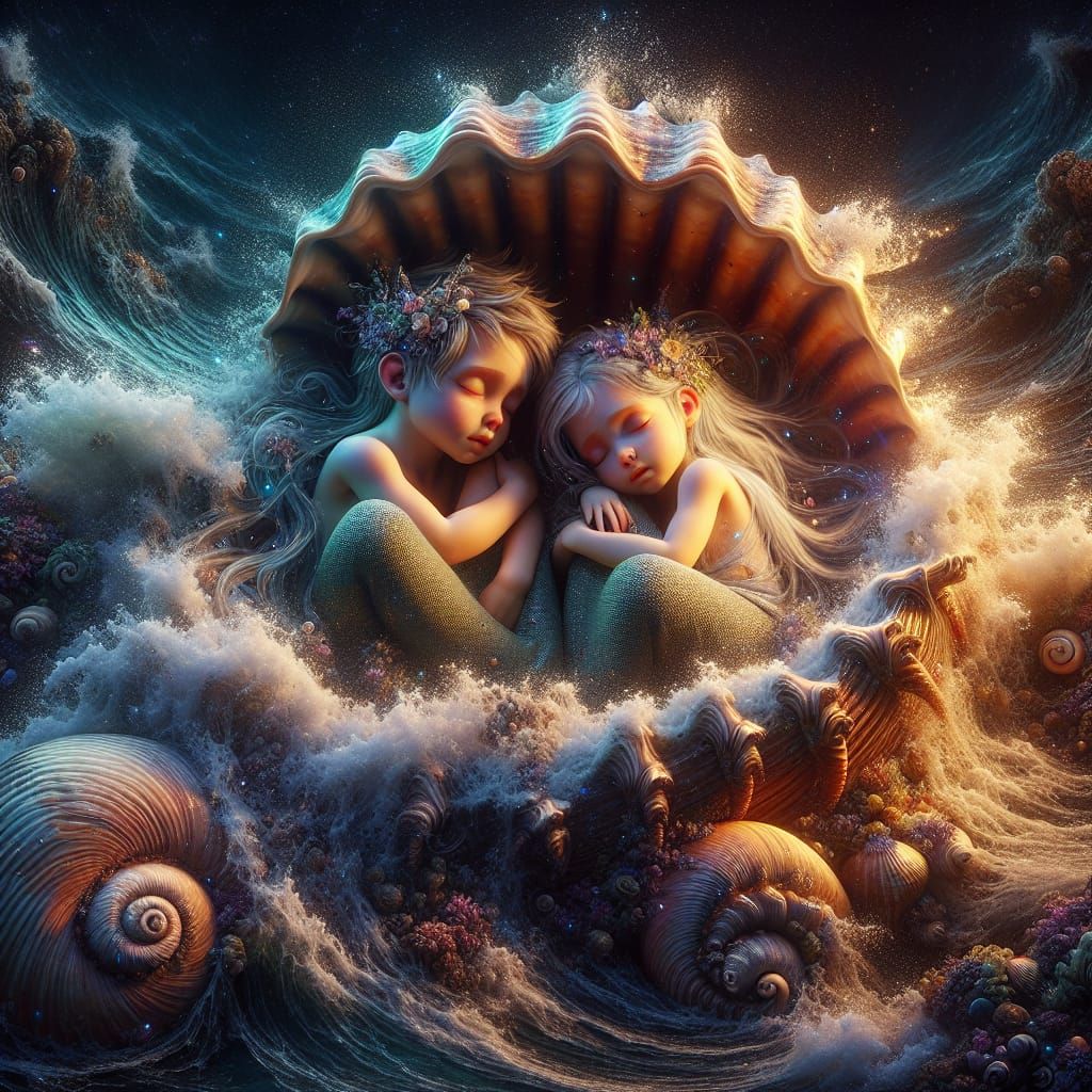 Child Mermaids Sleeping Peacefully in Shell