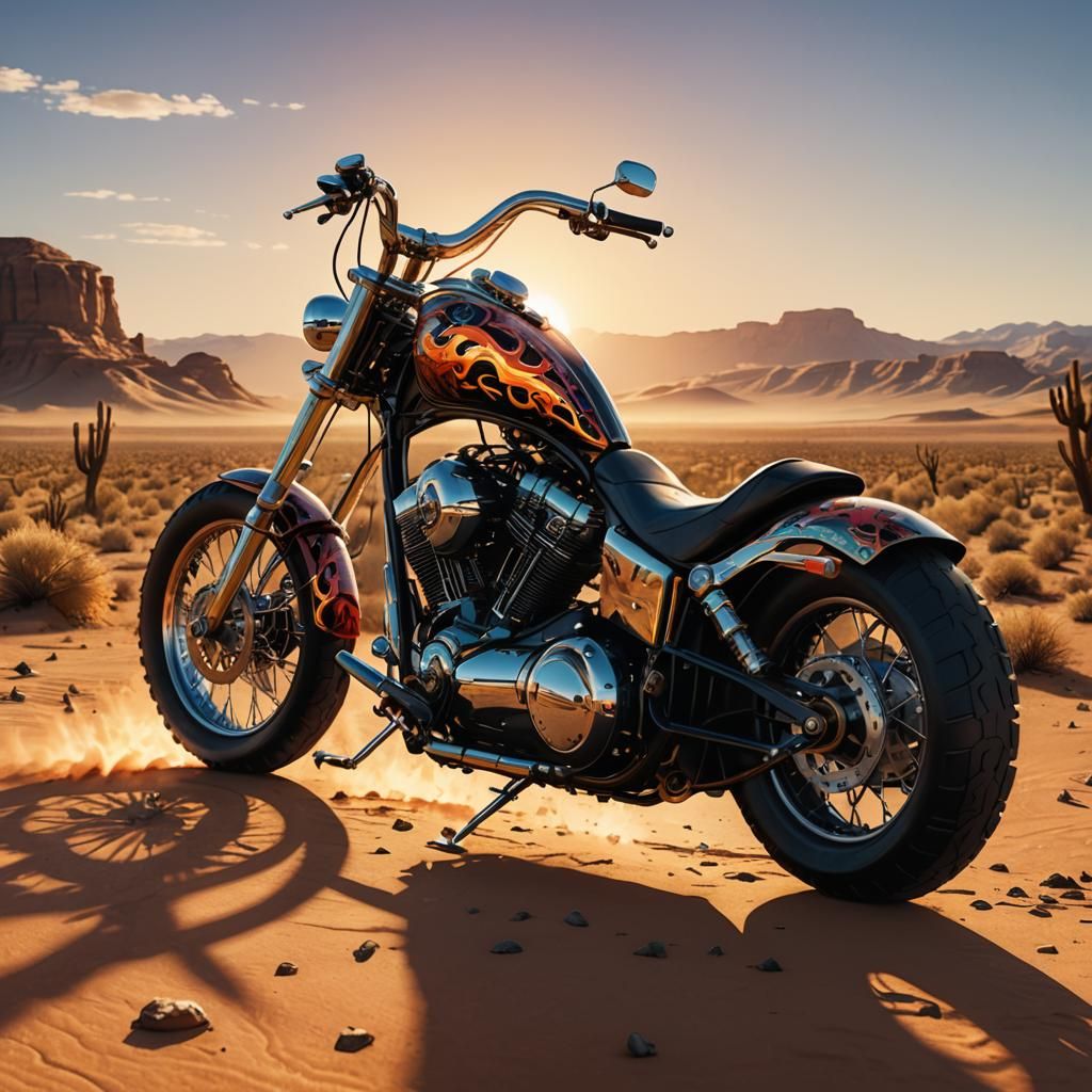 Cyberpunk Desert Chopper: High-Resolution Motorbike Portrait