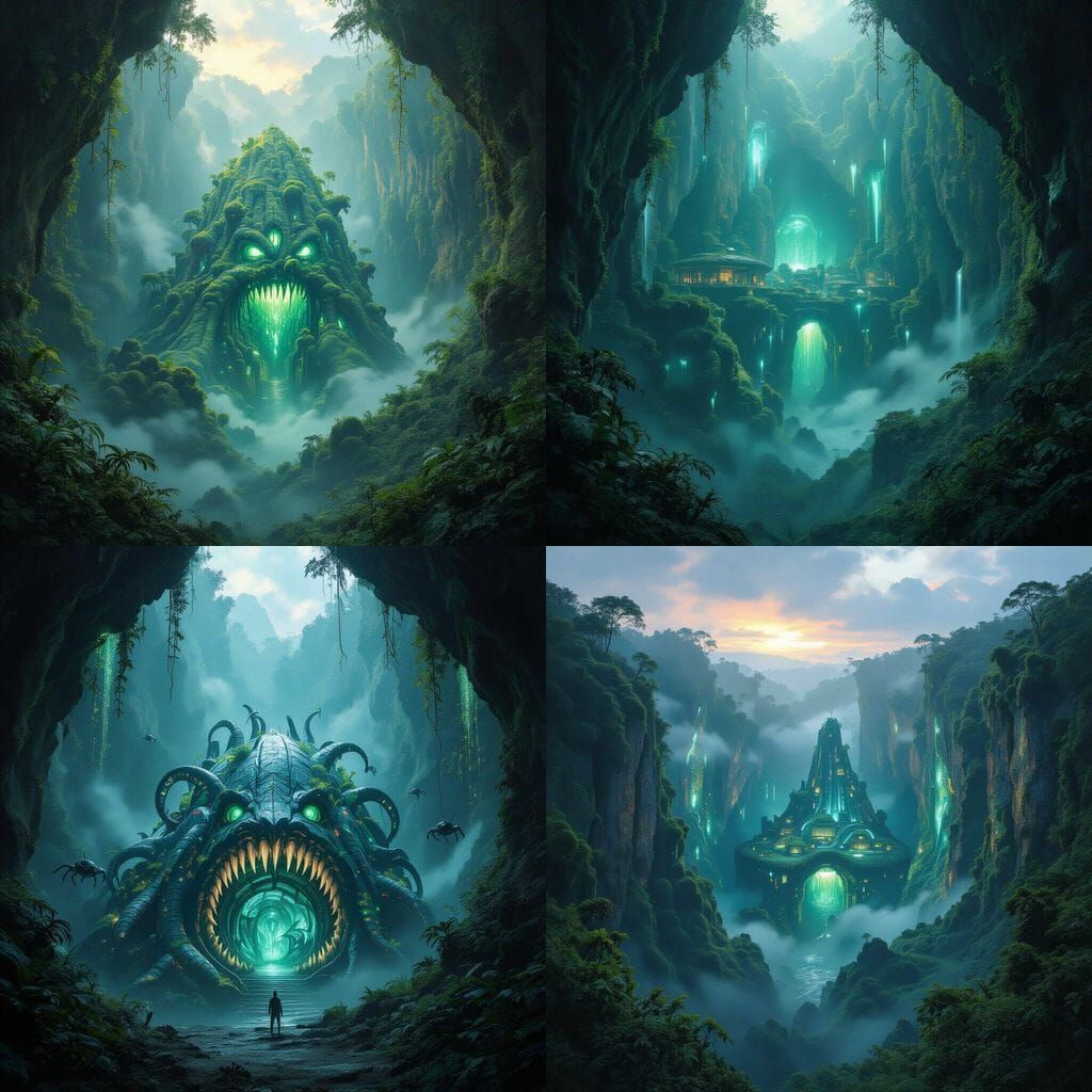 Hidden Supervillain Hideout in Bioluminescent Chasm