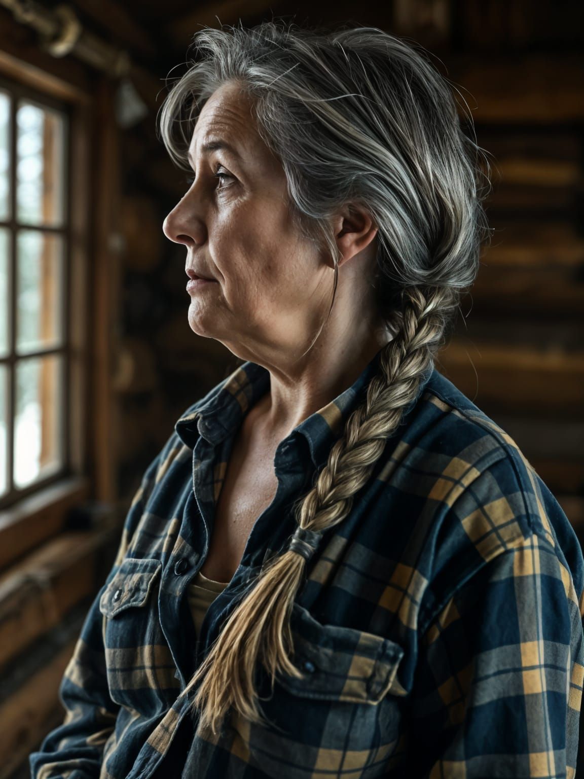 Profile Portrait of Woman in Mountain Cabin