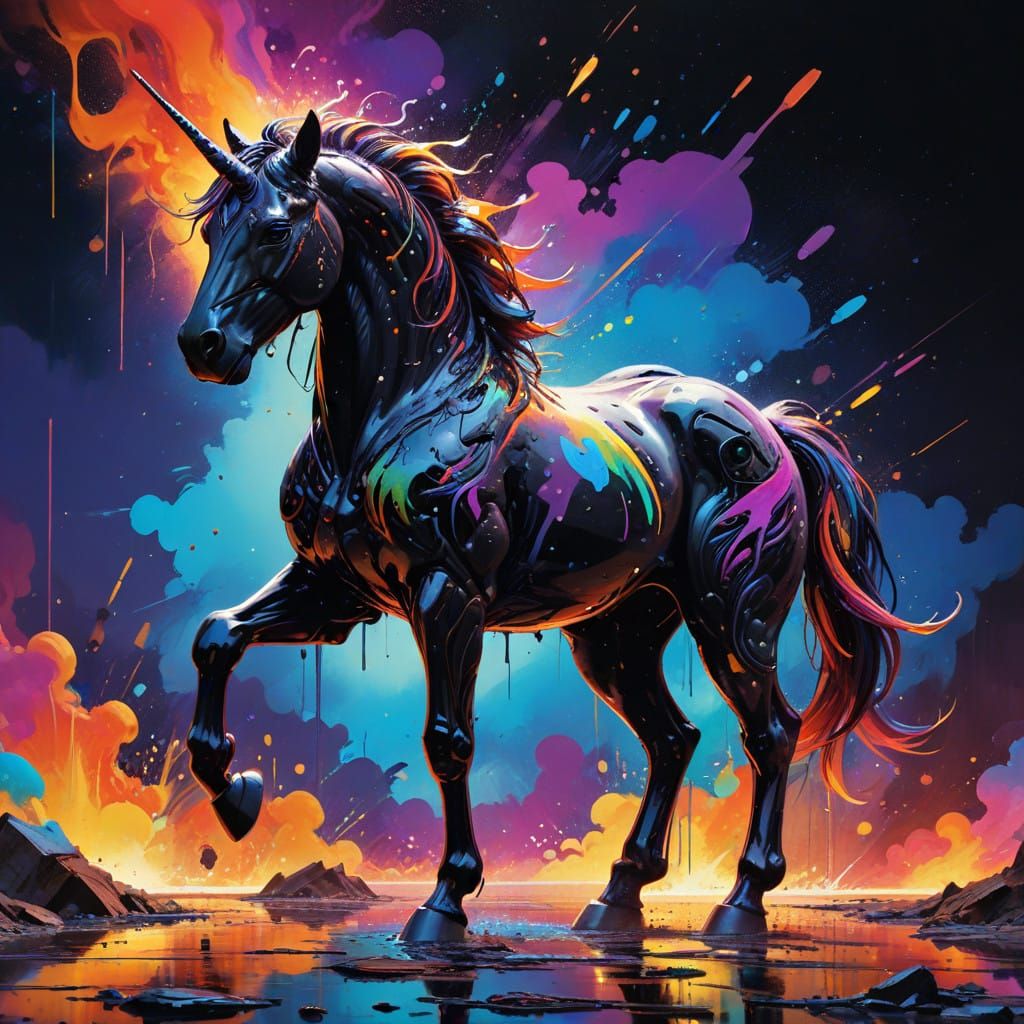 Majestic Black Mechanical Unicorn in Cosmic Space with Rainb...