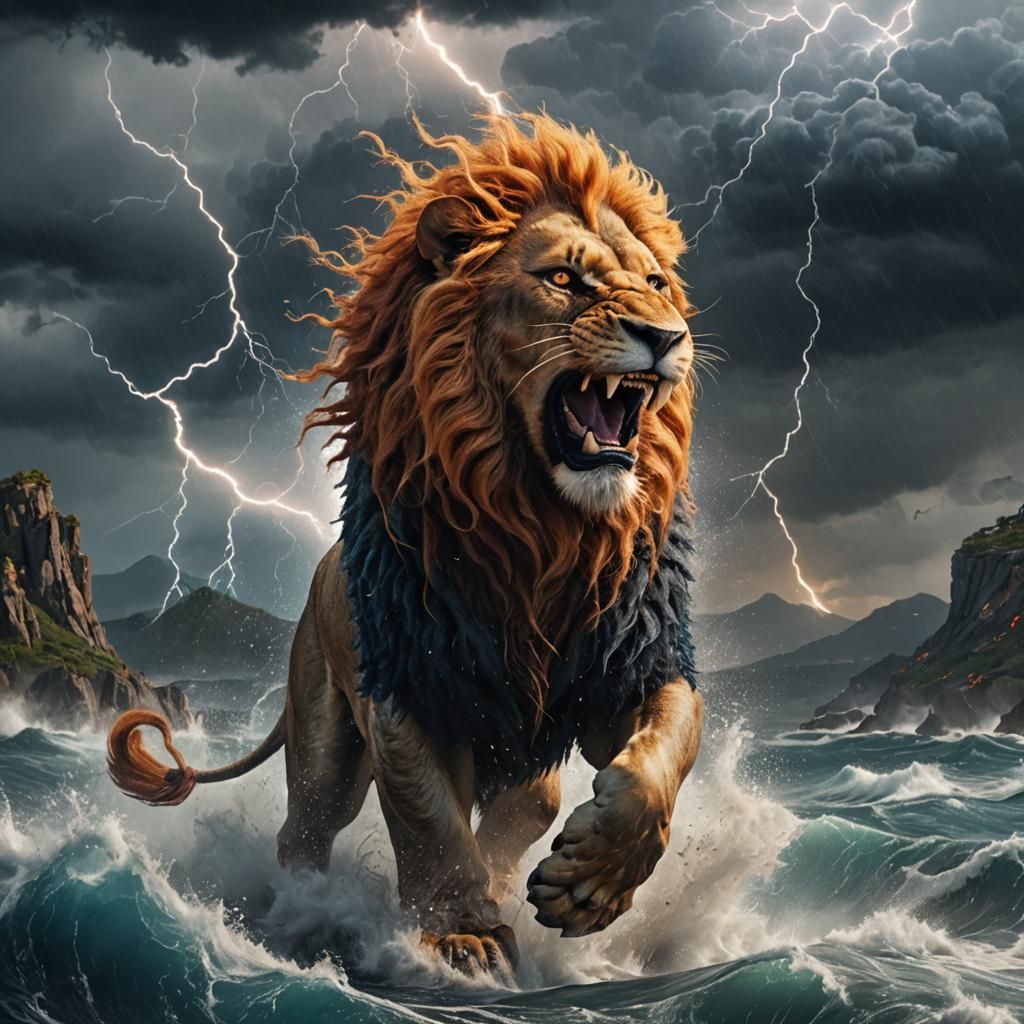 Majestic Storm Lion Roaring in a Thunderstorm