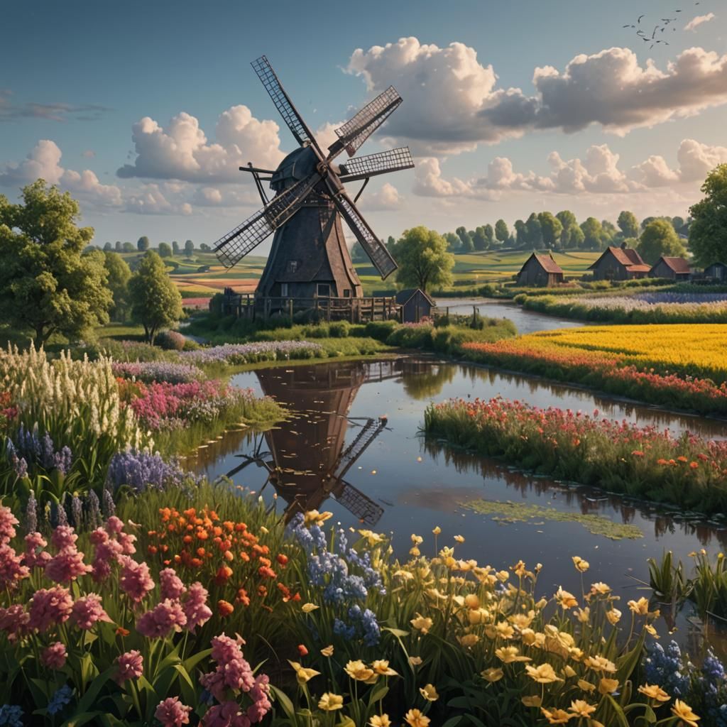 Picturesque Windmill in Flower-Filled Polder