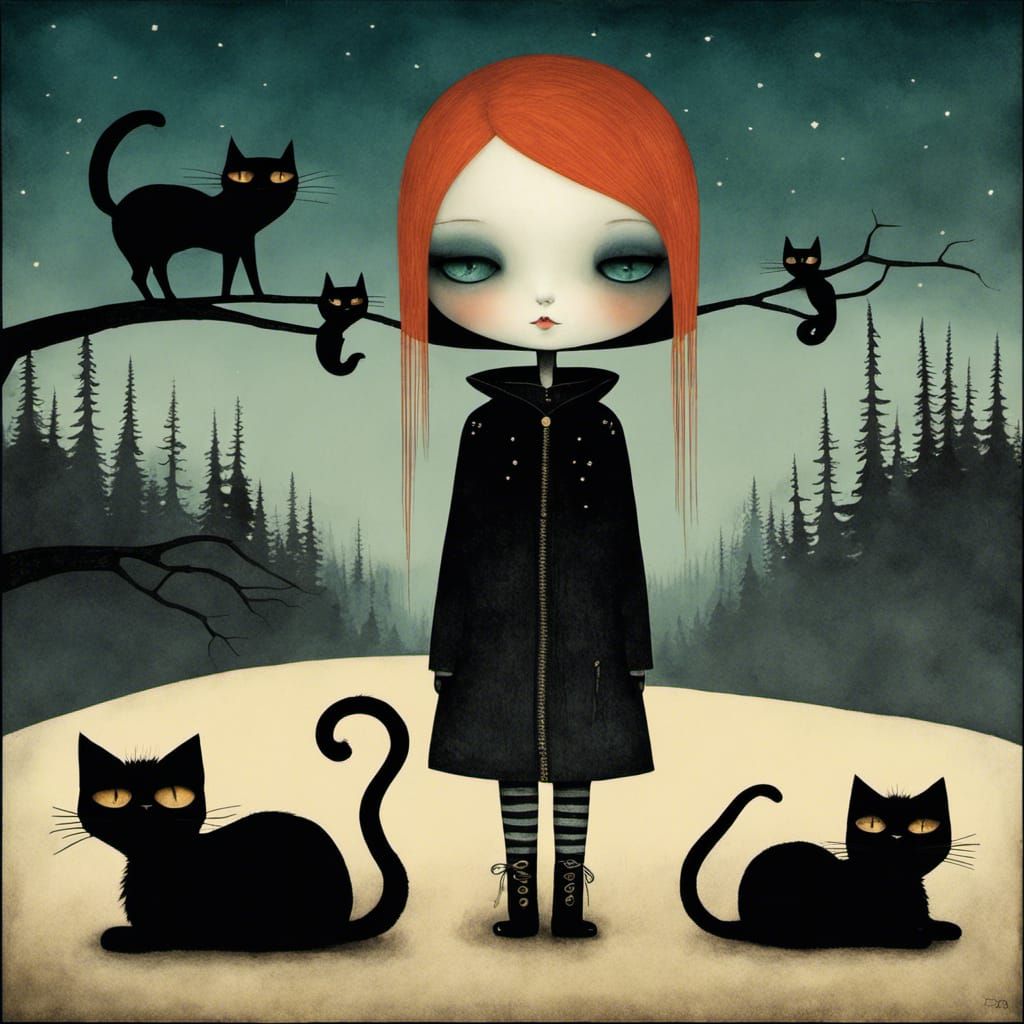 Moody Goth Punk Girl with Cats: Surreal Art