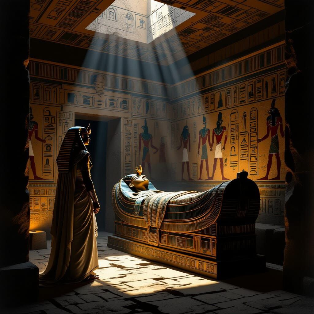 Pharaoh Stands Over Sarcophagus in Dimly Lit Egyptian Tomb