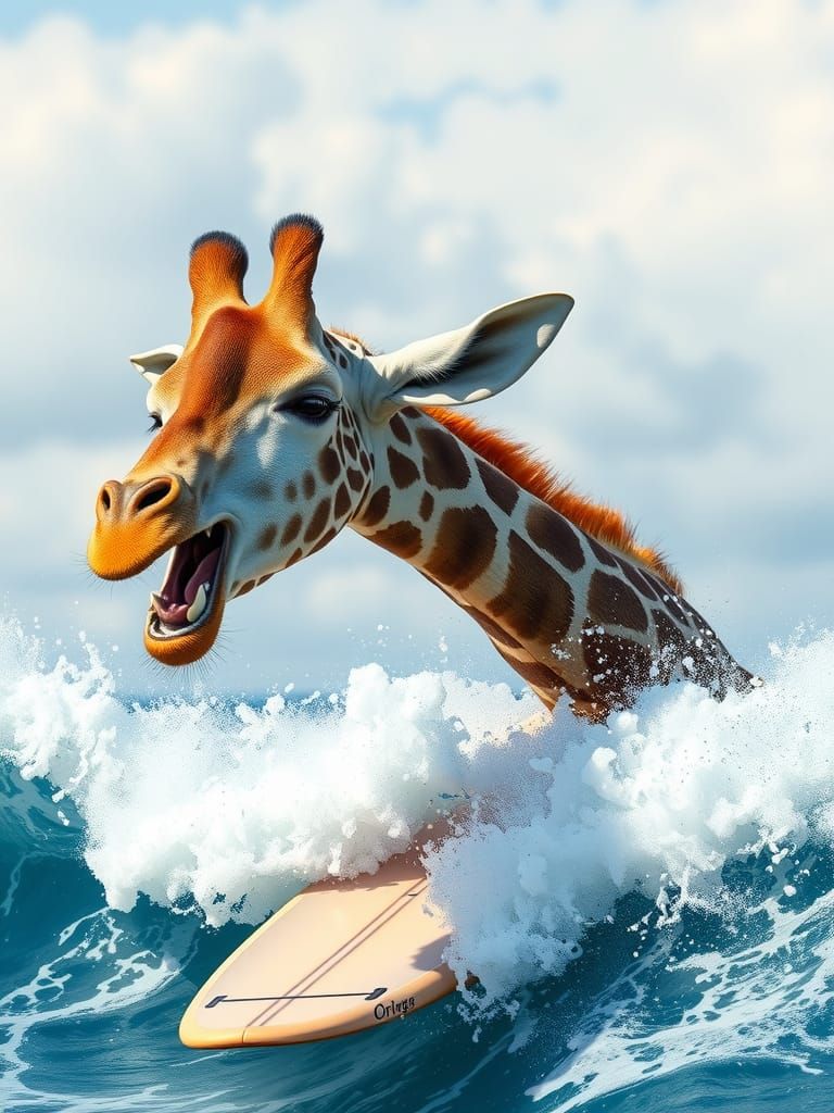 Laughing Giraffe Surfing a High Wave Portrait