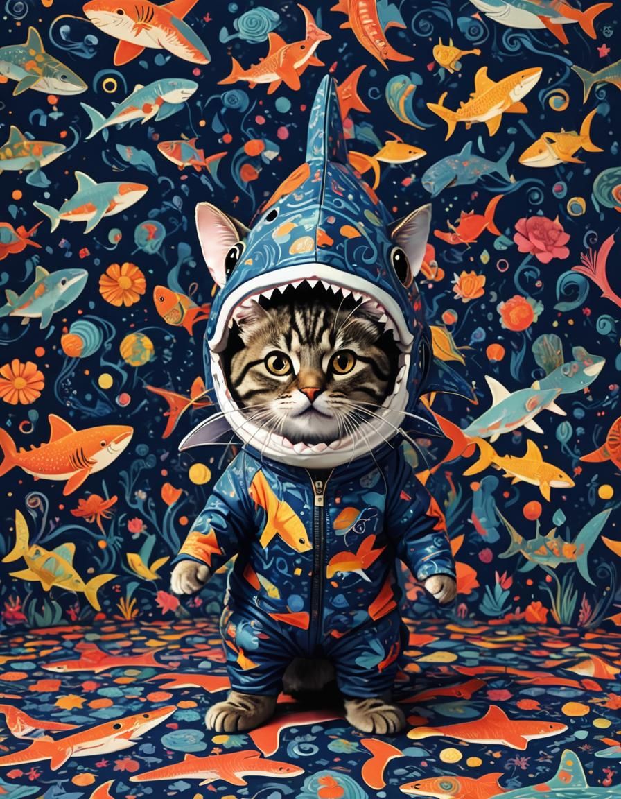 Cat in Shark Outfit: Synthwave Art Nouveau Surrealism