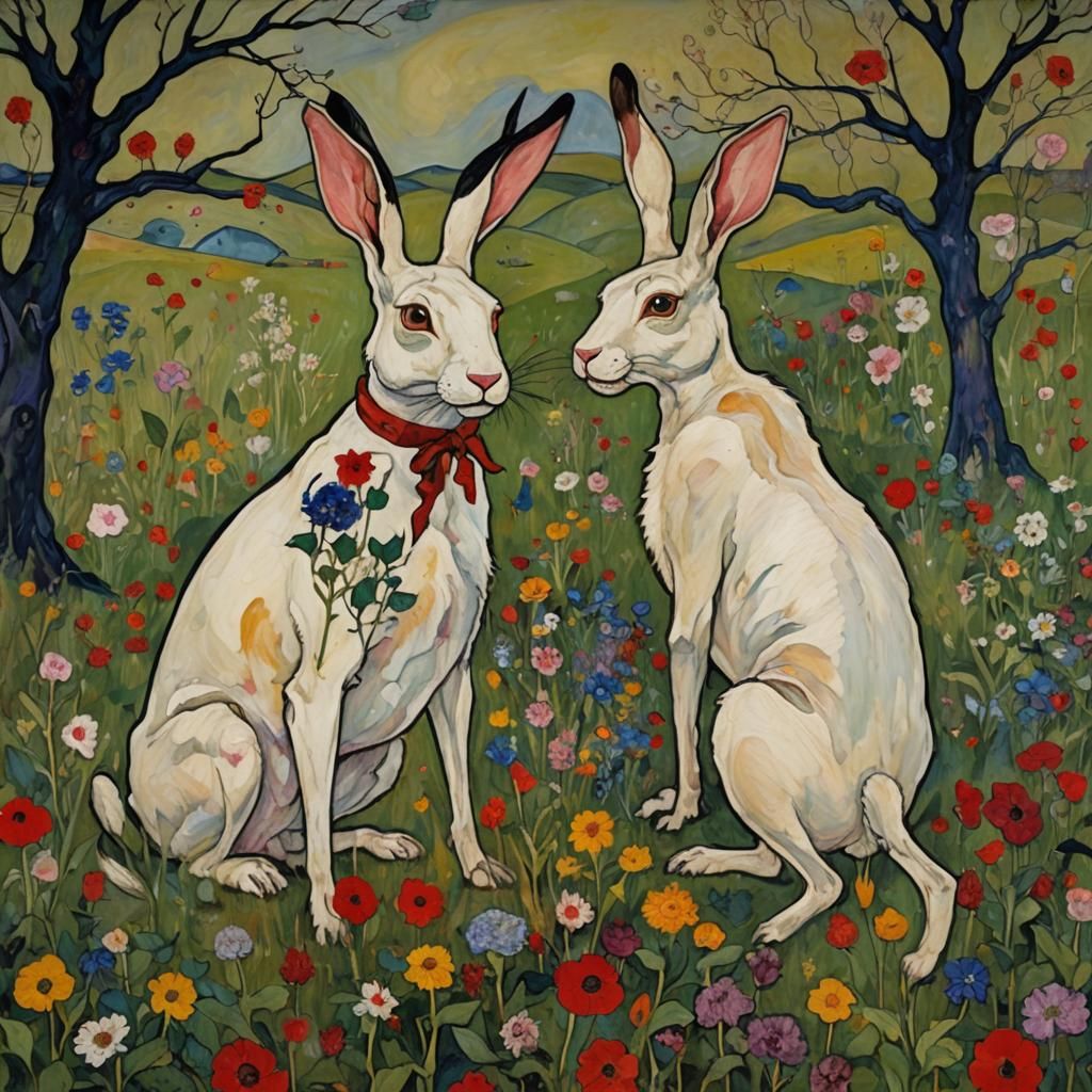 Mystical Rabbits in Expressionist Meadow, Egon Schiele Style