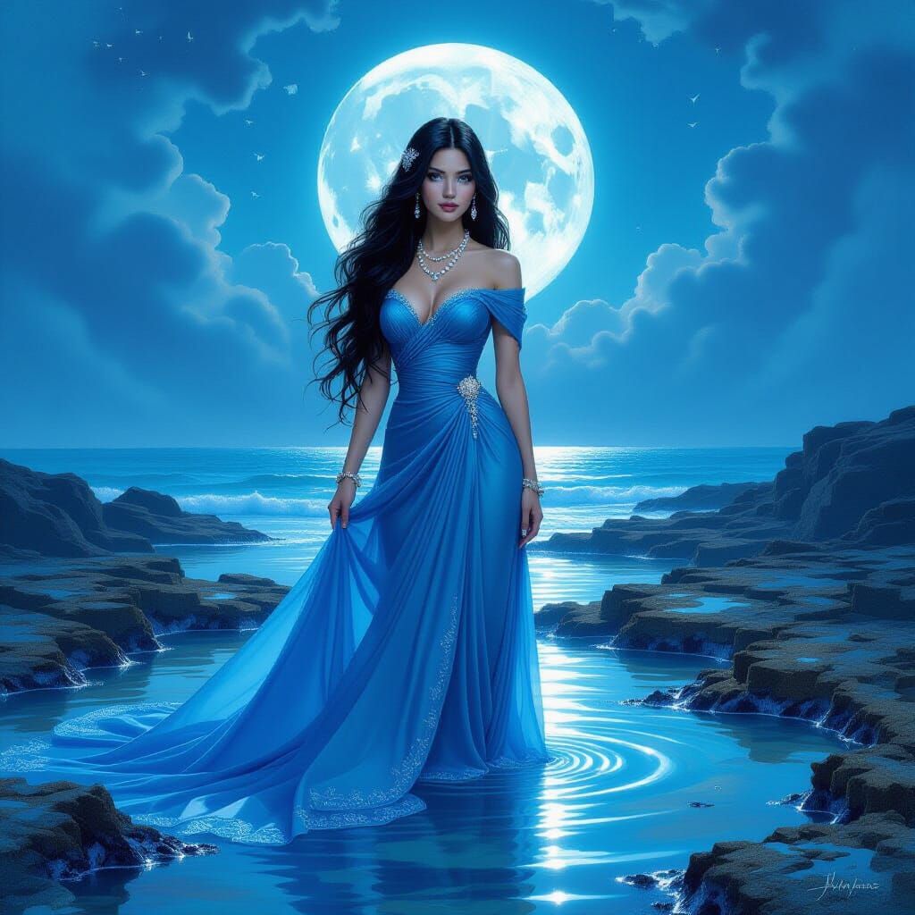 Mesmerizing beauty with long, inky blue-black hair flowing in waves, jeweled blue gown clinging to her curves, adorned i...