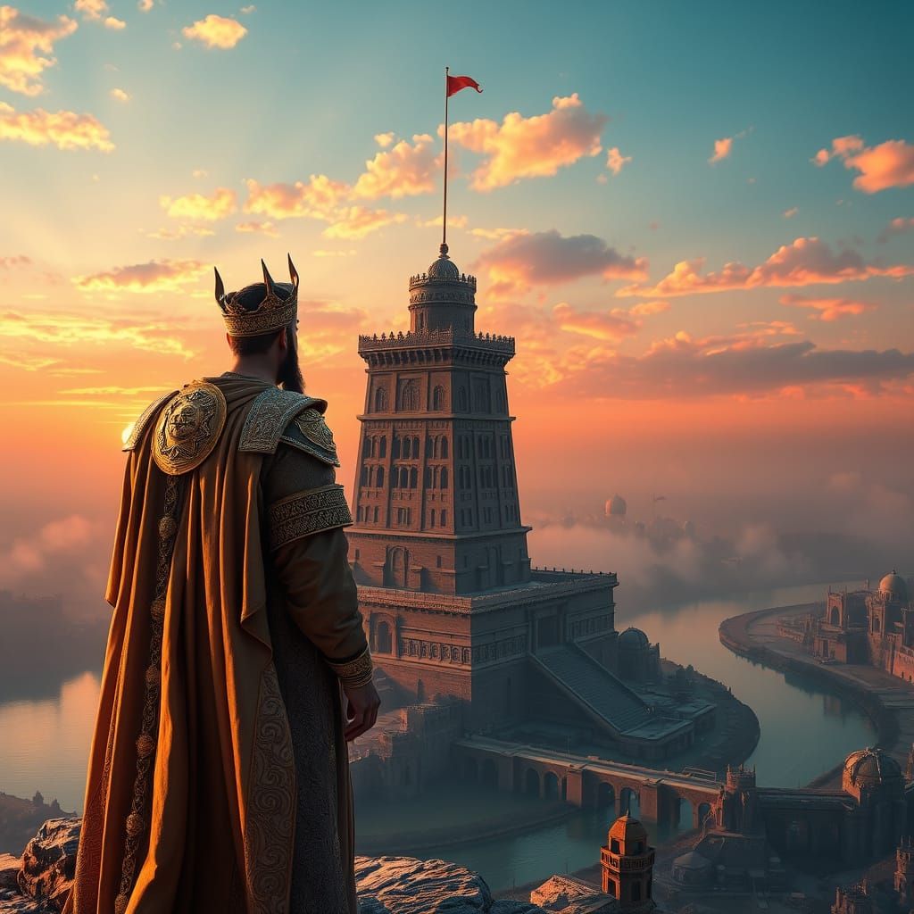 Ancient Prince on Tower of Babel in Hyperrealistic Sunset