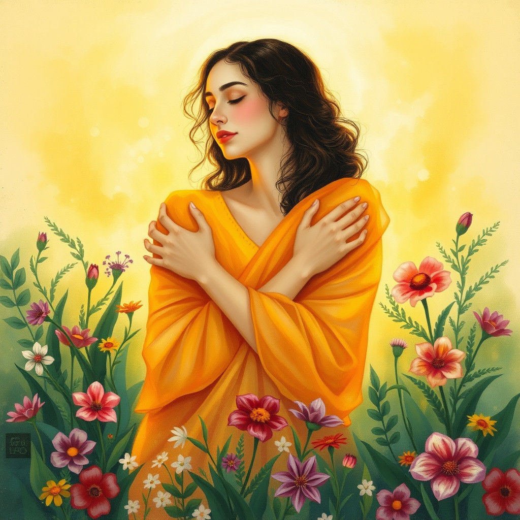 Woman Embracing Self in Dreamlike Floral Setting