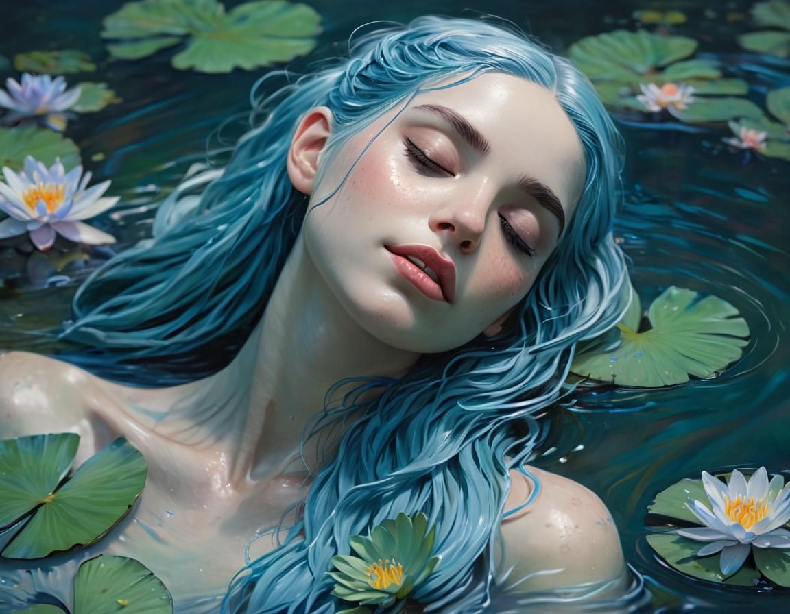 Blue-Haired Water Lily Goddess Portrait