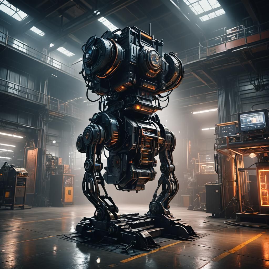 Industrial Sci-Fi T-Shirt Machine in Warehouse