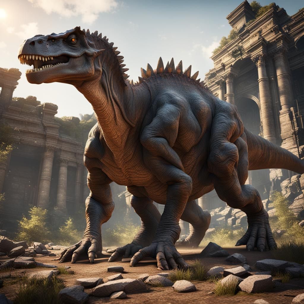 Giant Dinosaur in Ruins of Ancient Technology