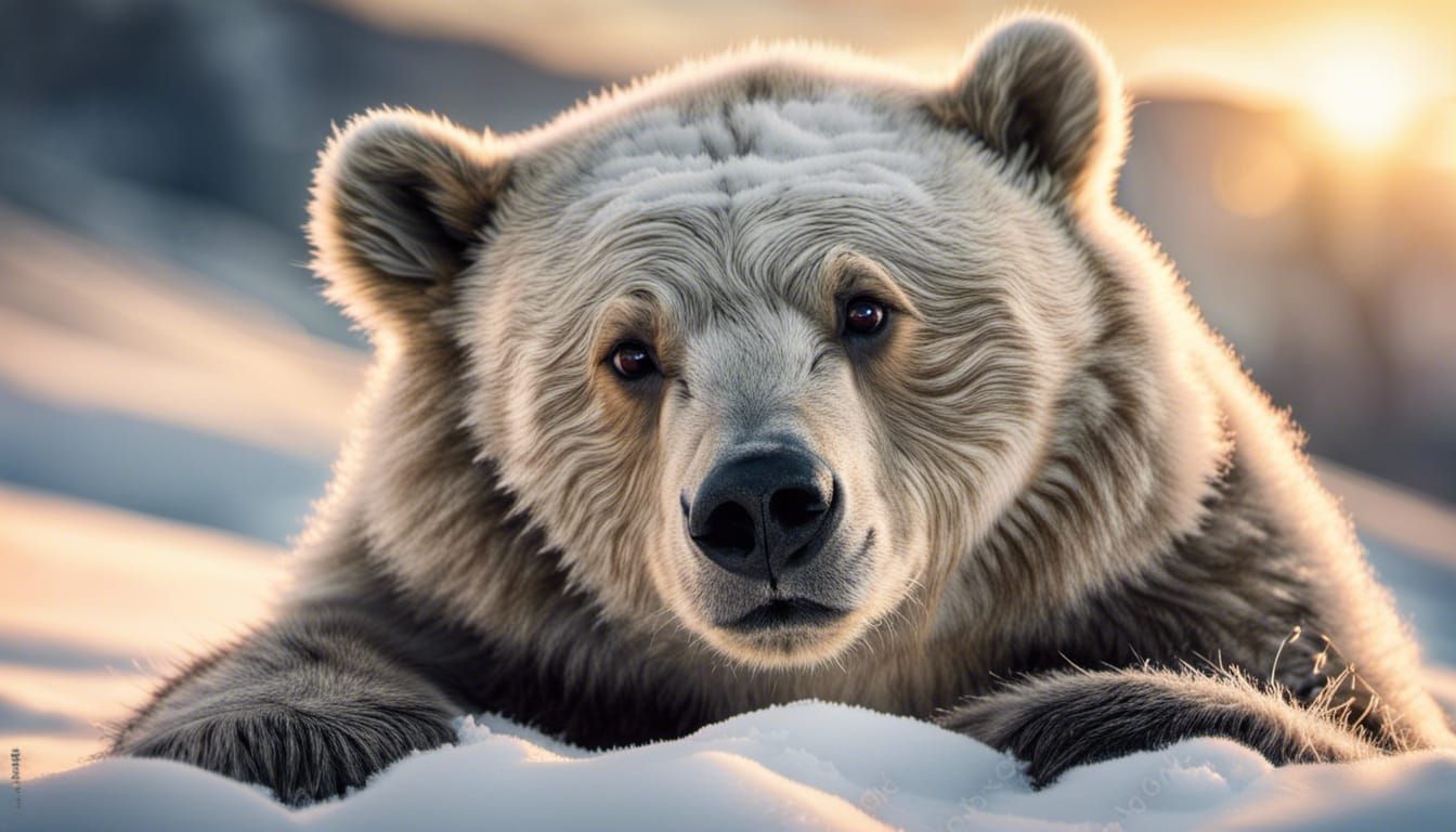 Gray Bear Cub Portrait on Snowy Mountainside