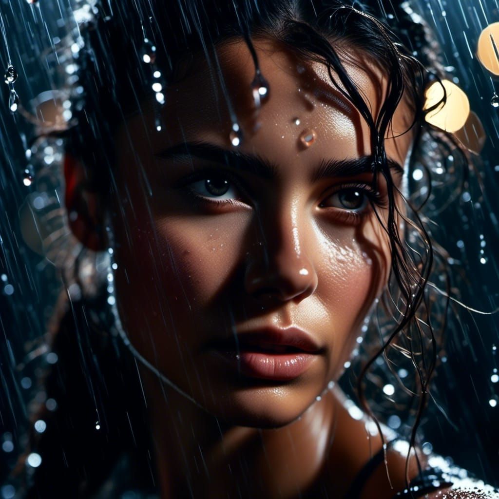 Rain-Soaked Woman: Hyperrealistic Digital Art Portrait