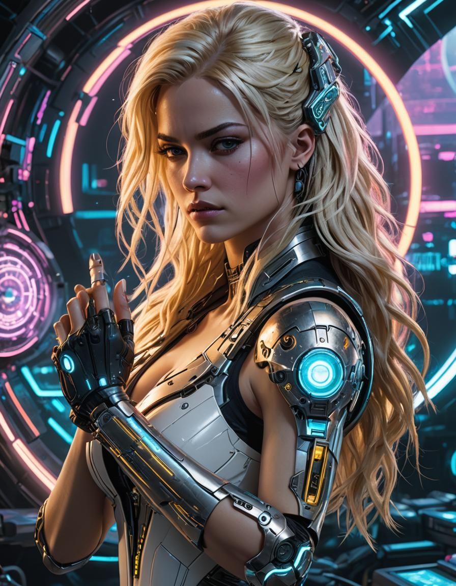 Cyberpunk Woman with Clockwork Arm Illustration